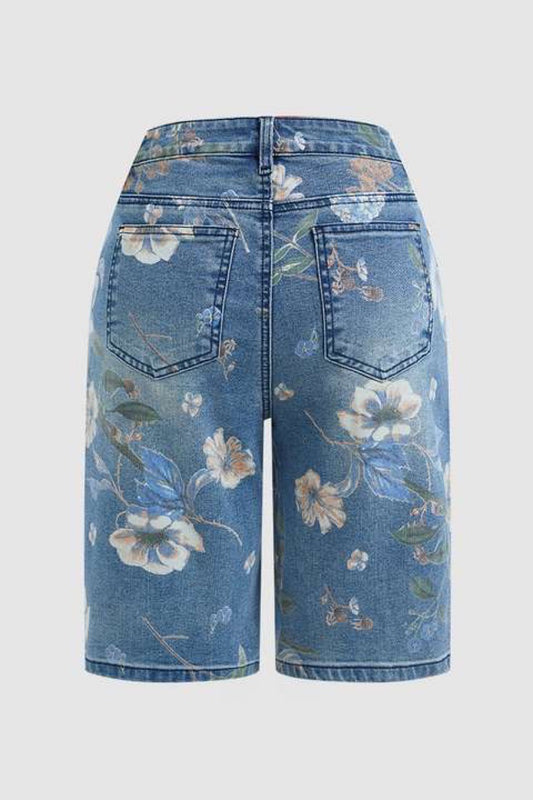 Floral Printed Blue Jeans Shorts Bermuda Shorts