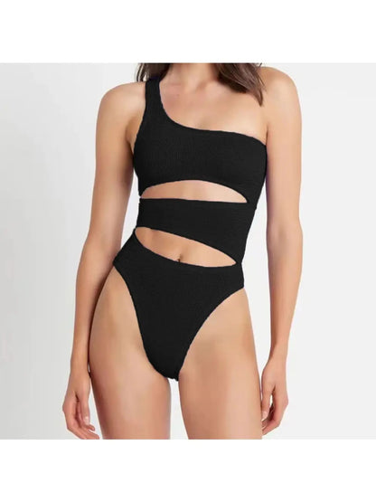 One Shoulder Black One Piece Cutout Swimsuit