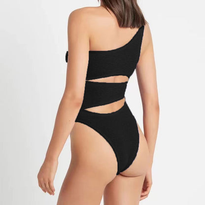 One Shoulder Black One Piece Cutout Swimsuit