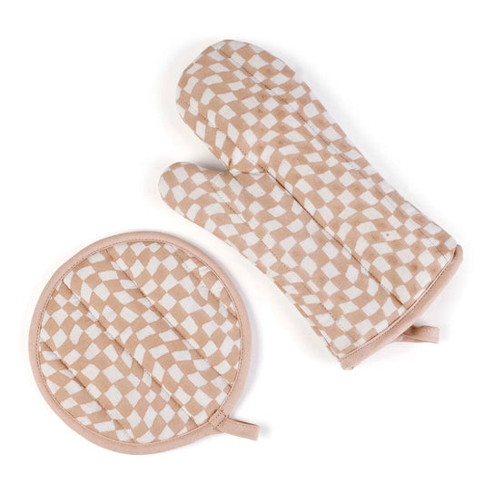 Checked Nude Oven Mitts & Pot Holder