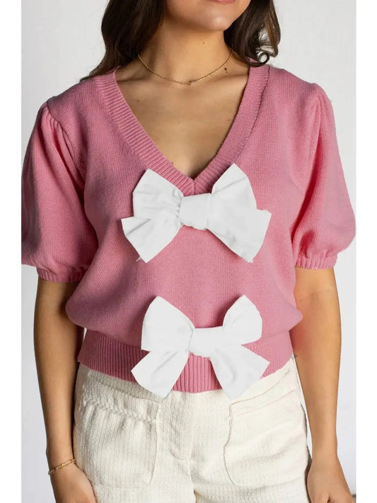 Bow Puff Sleeve V-Neck Short Sleeve Sweater