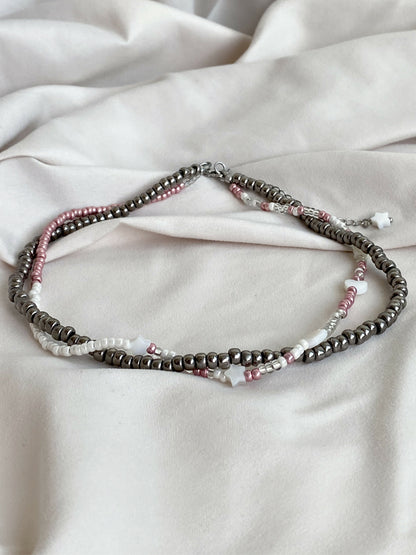 Double bead necklace in silver tone