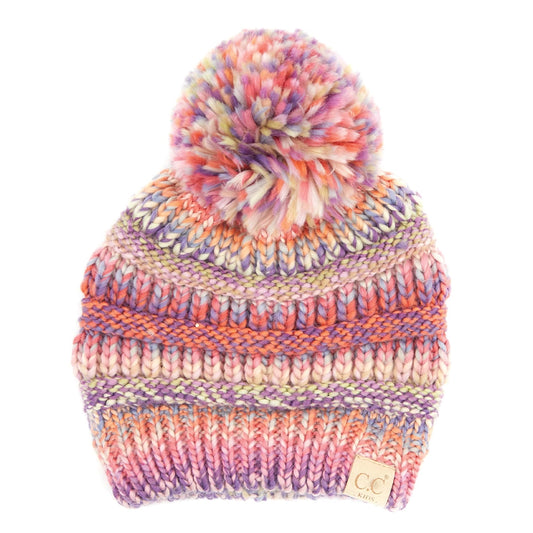 Kid's Multi Color Cable Knit Pom-Pom Beanie