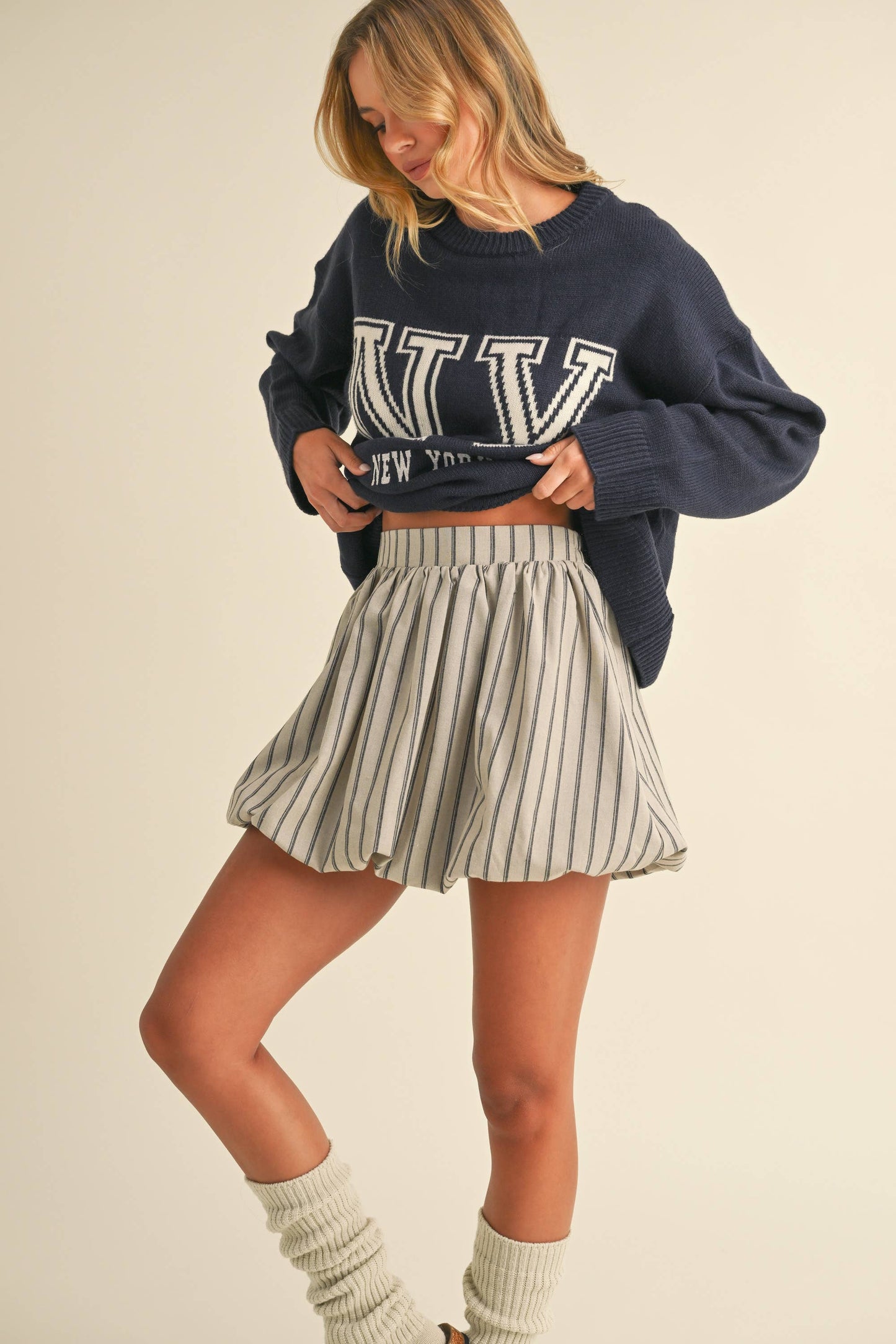 Striped Elastic Bubble Mini skirt