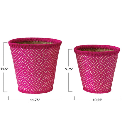 Hand Woven Seagrass Baskets In Fuchsia