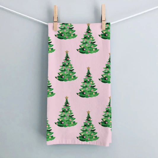 Christmas Trees On Pink Tea Towel