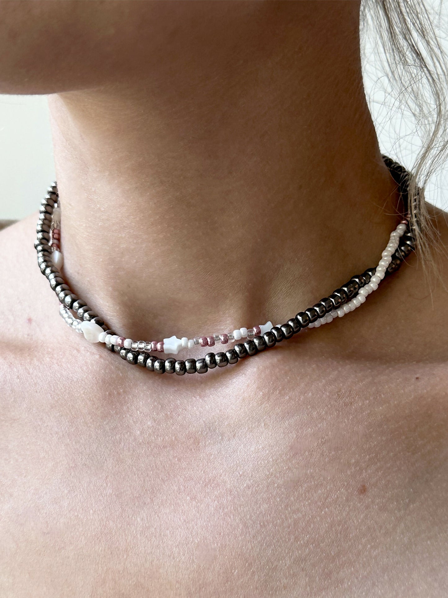 Double bead necklace in silver tone