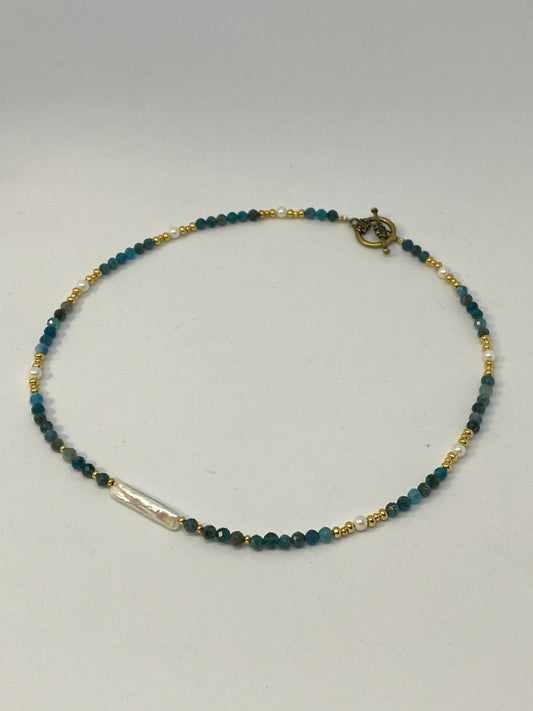 Blue Apatite, Gold, Shell Beads and Mother of Pearl Collar Necklace