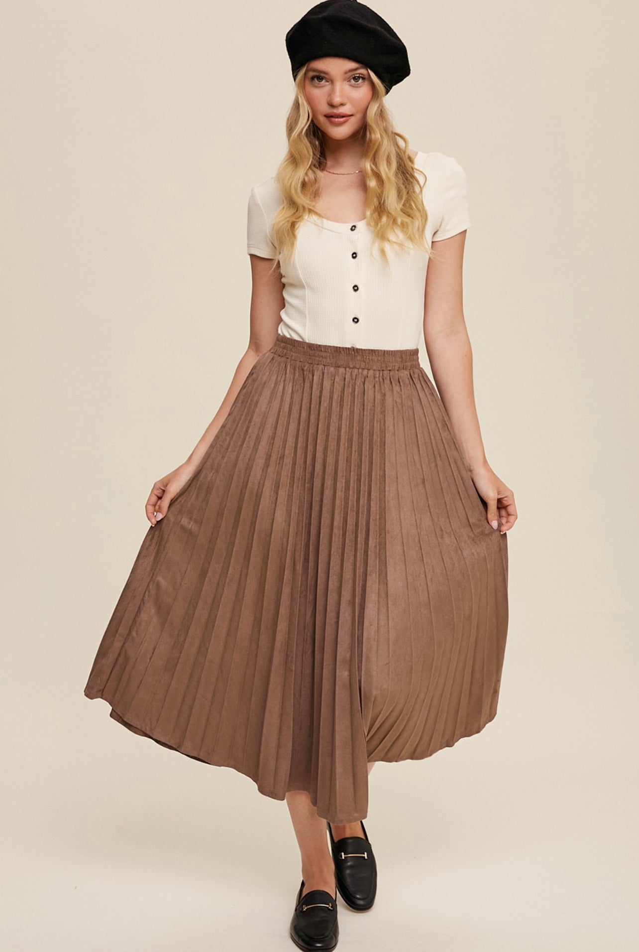 Brown Pleated Midi Skirt
