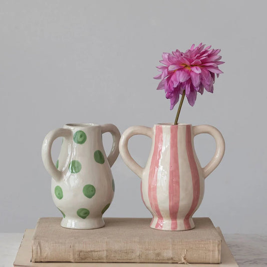 Petite Hand Painted Stoneware Vase in Pink Stripes