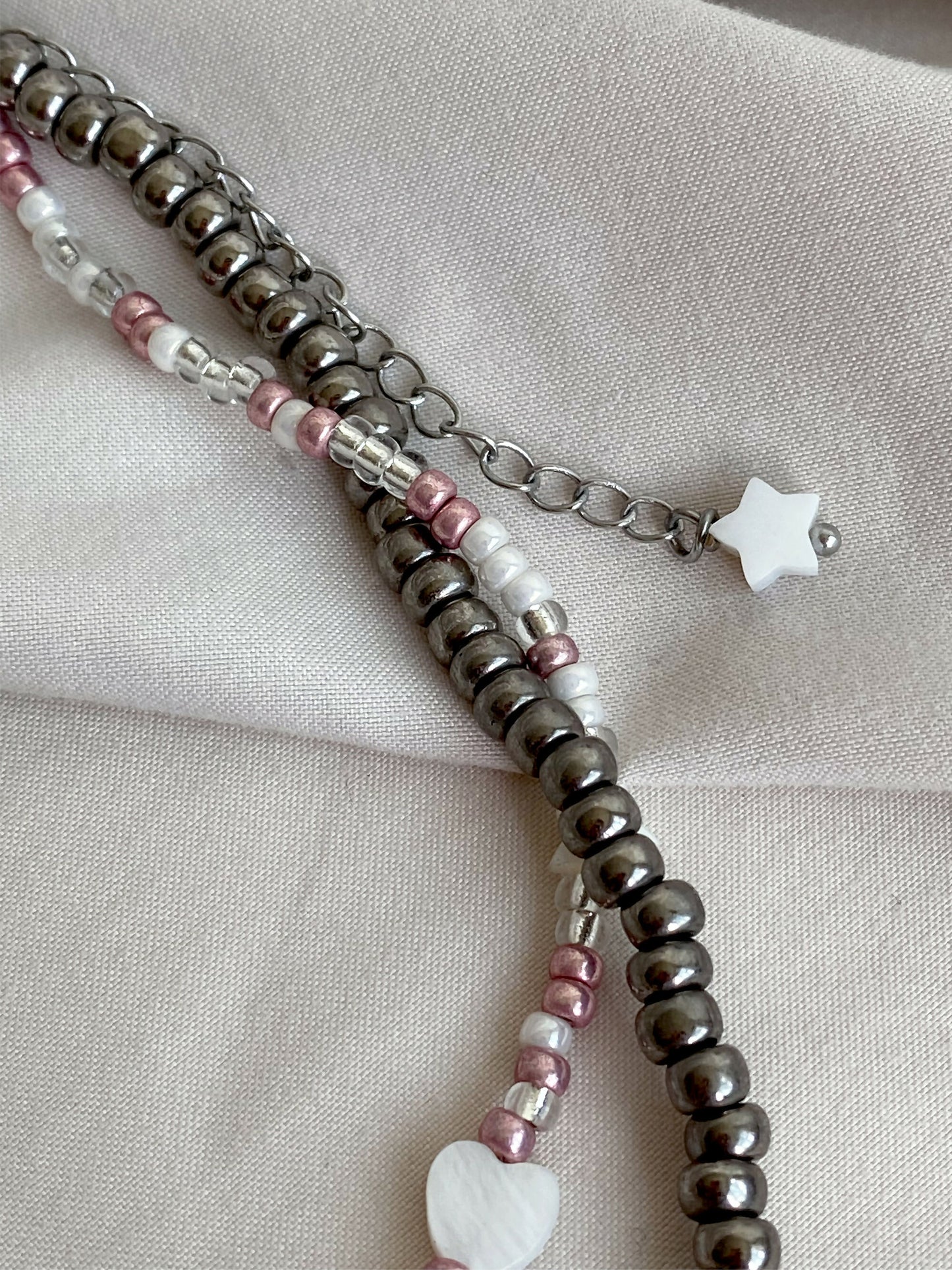 Double bead necklace in silver tone