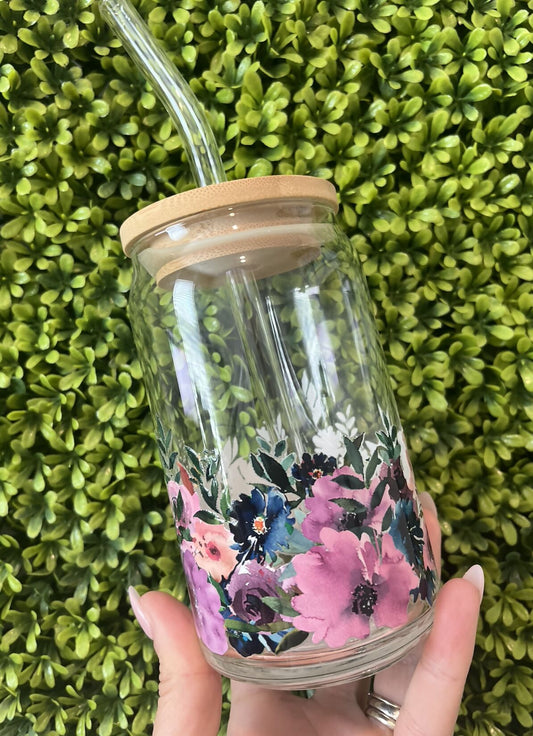 Dark Floral Glass Can Cup